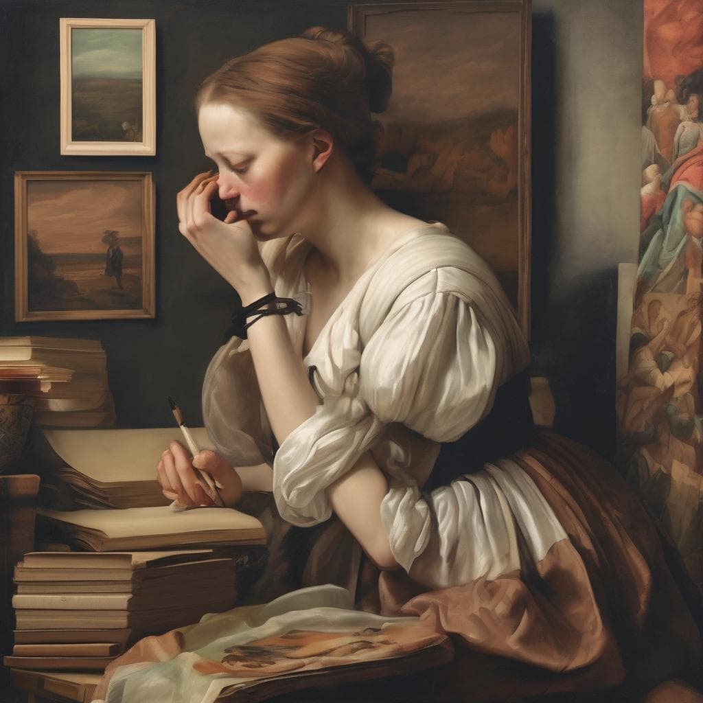 Καλλιτέχνης που σκέφτεται δημιουργικά σε γκαλερί τέχνης, έργα τέχνης με καινοτομία στη σύγχρονη τέχνη.