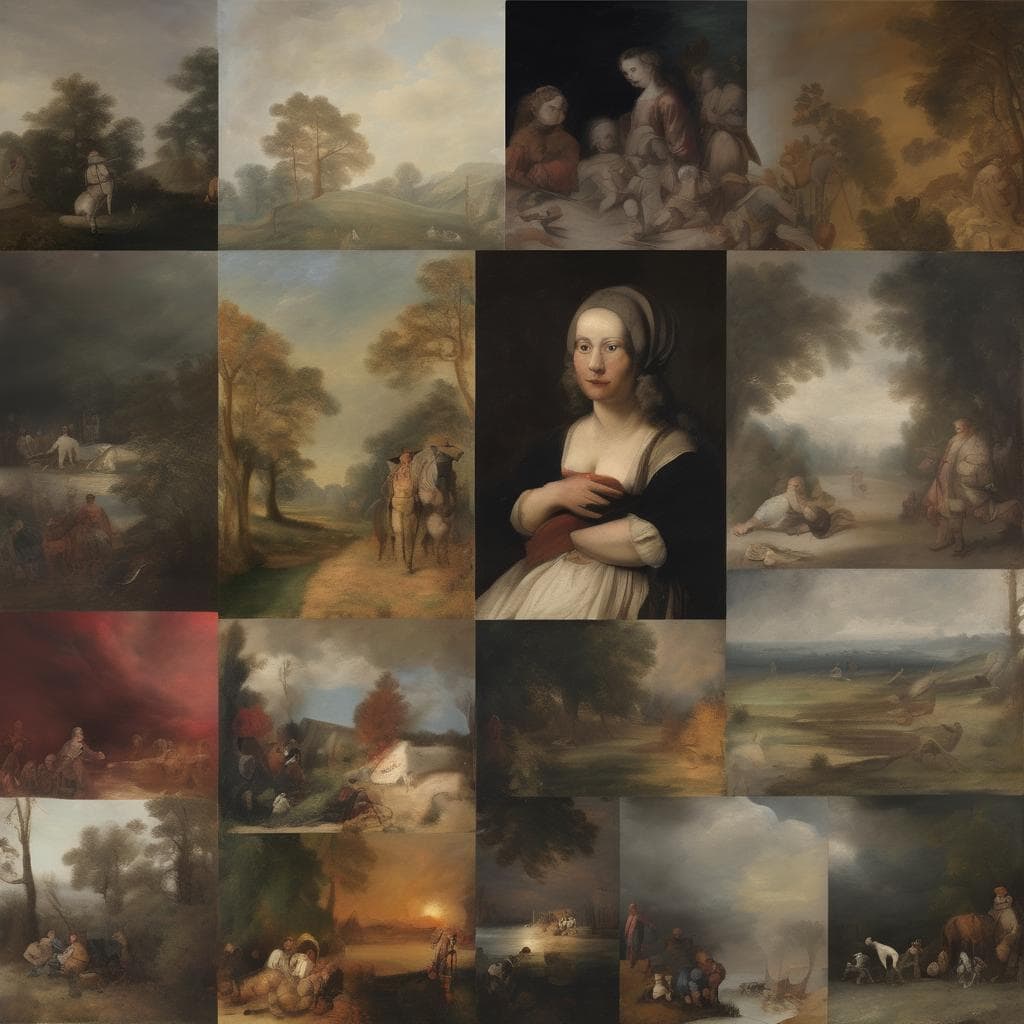Παλιές πίνακες τέχνης με θέμα την δημιουργική καινοτομία στον κόσμο της τέχνης, φυσιολατρικά τοπία και χαρακτικές μορφές.