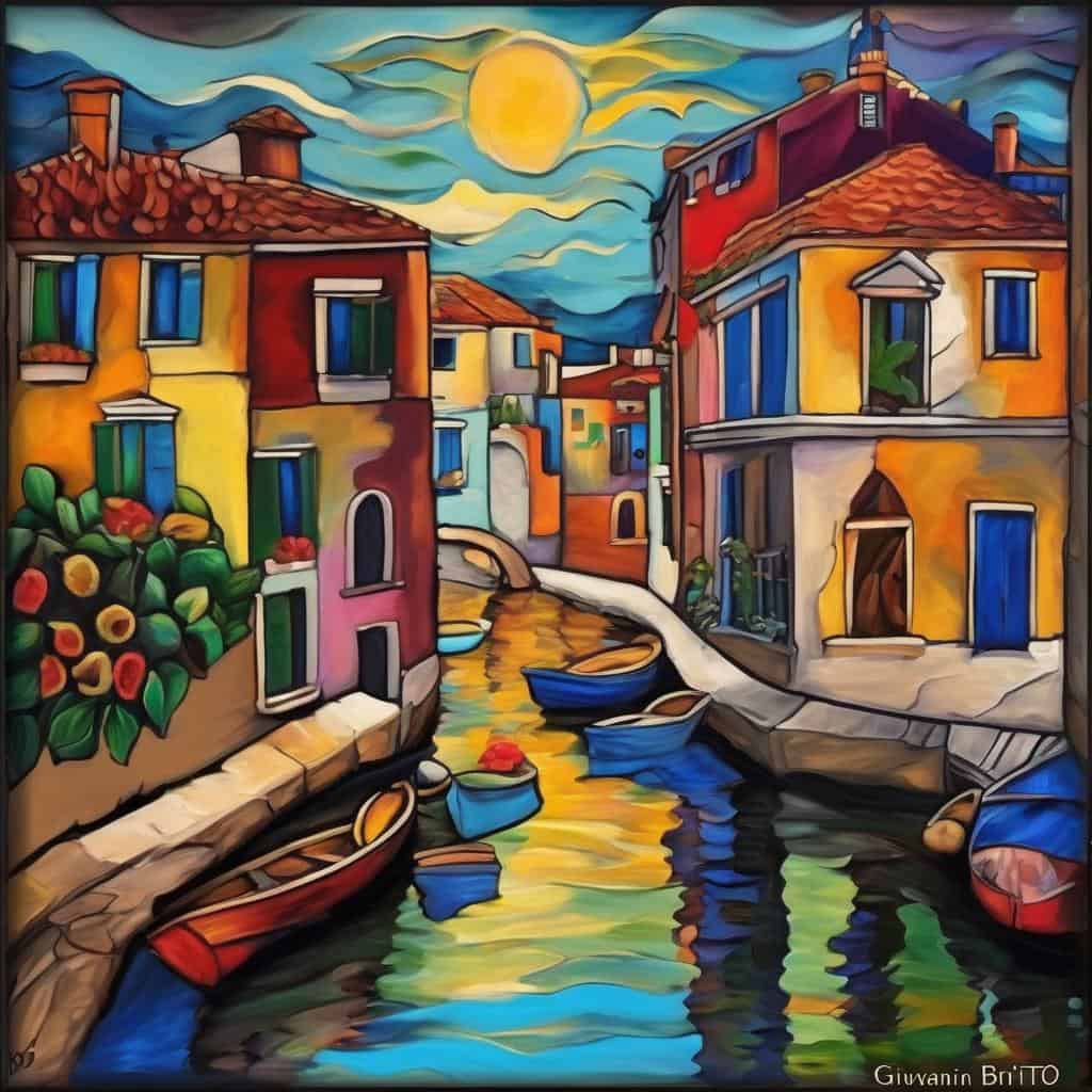 Ζωγραφιά με πολύχρωμα σπίτια και κανάλι, εμπνευσμένη από δημιουργικές καινοτομίες στον κόσμο της τέχνης.