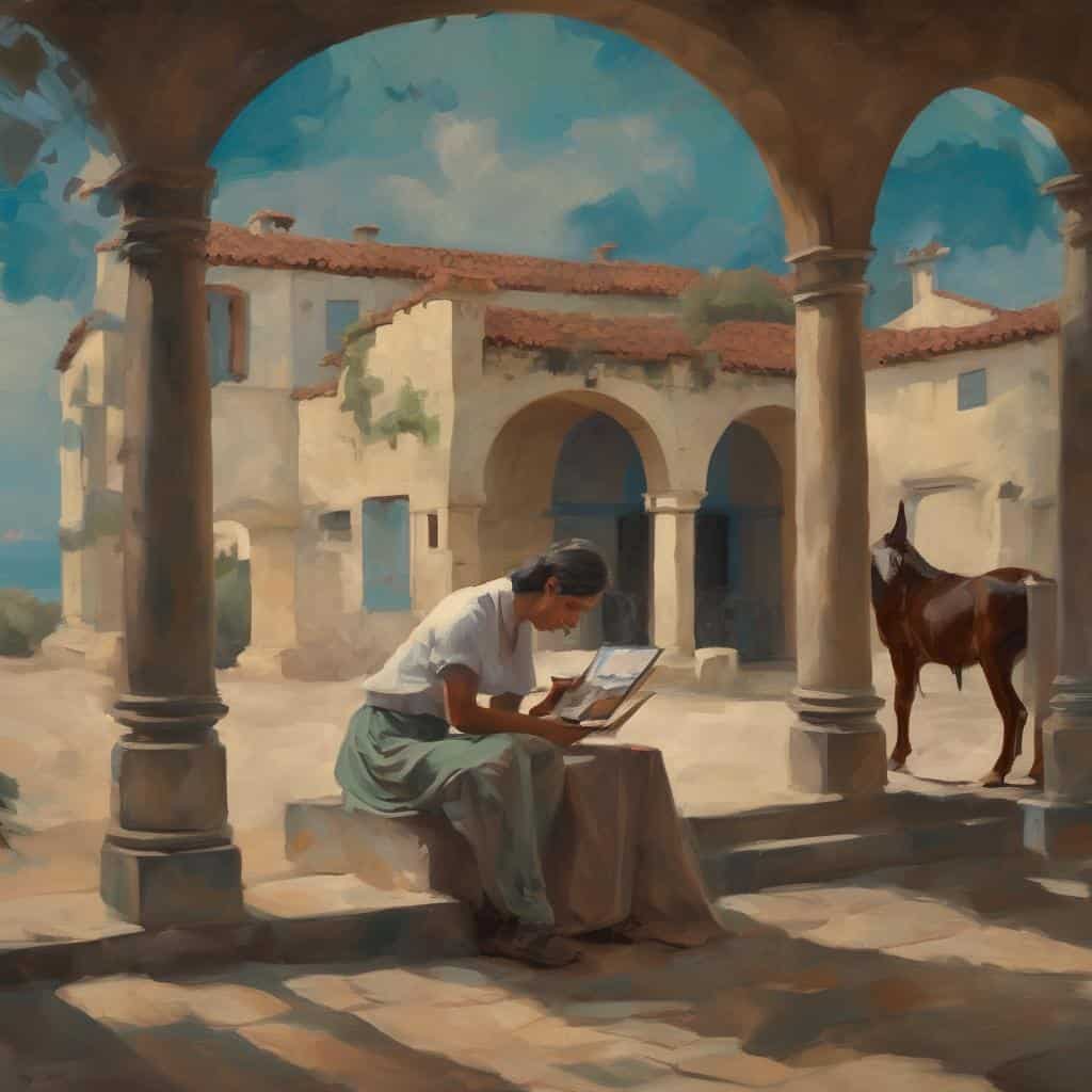 Αρχαιολογική καλλιτεχνική εικόνα με γυναίκα διάβασμα και γάιδαρο σε ιστορική αυλή, εμπνευσμένη από καινοτόμες τέχνες, δημιουργικότητα και πολιτισμό.